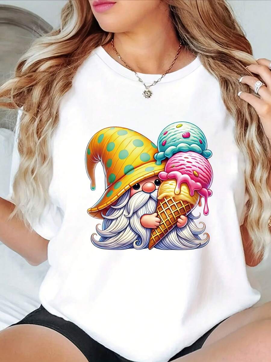 Women's T-shirt Camiseta de Cuello Redondo con Estampado de Enanos de Verano, Manga Corta, Estilo Casual, Ropa de Mujer para Primavera y Verano - Blanco - Ver 1