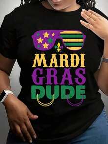 100% algodón, camiseta de mujer, camiseta de Mardi Gras, diseño de un tipo de Mardi Gras con gafas de sol y cuentas, ideal para celebraciones y fiestas. - Negro - Ver 7