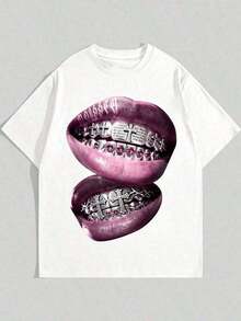 Ropa Urbana para Hombre, Camiseta Blanca con Estampado de Monstruo Brillante, Labios Morados y Tirantes Cruzados, 100% Algodón, Estilo Y2K Hip-Hop, Impresión Digital, Corte Holgado, Tallas Grandes y Altas, Envío Gratis - Blanco - Ver 9