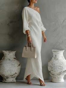 Women's Long Spring Dress With Asymmetrical Shoulder, Loose Fit, Stylish, Slim Fit, European Style, Elegant - 白色 - 查看 3