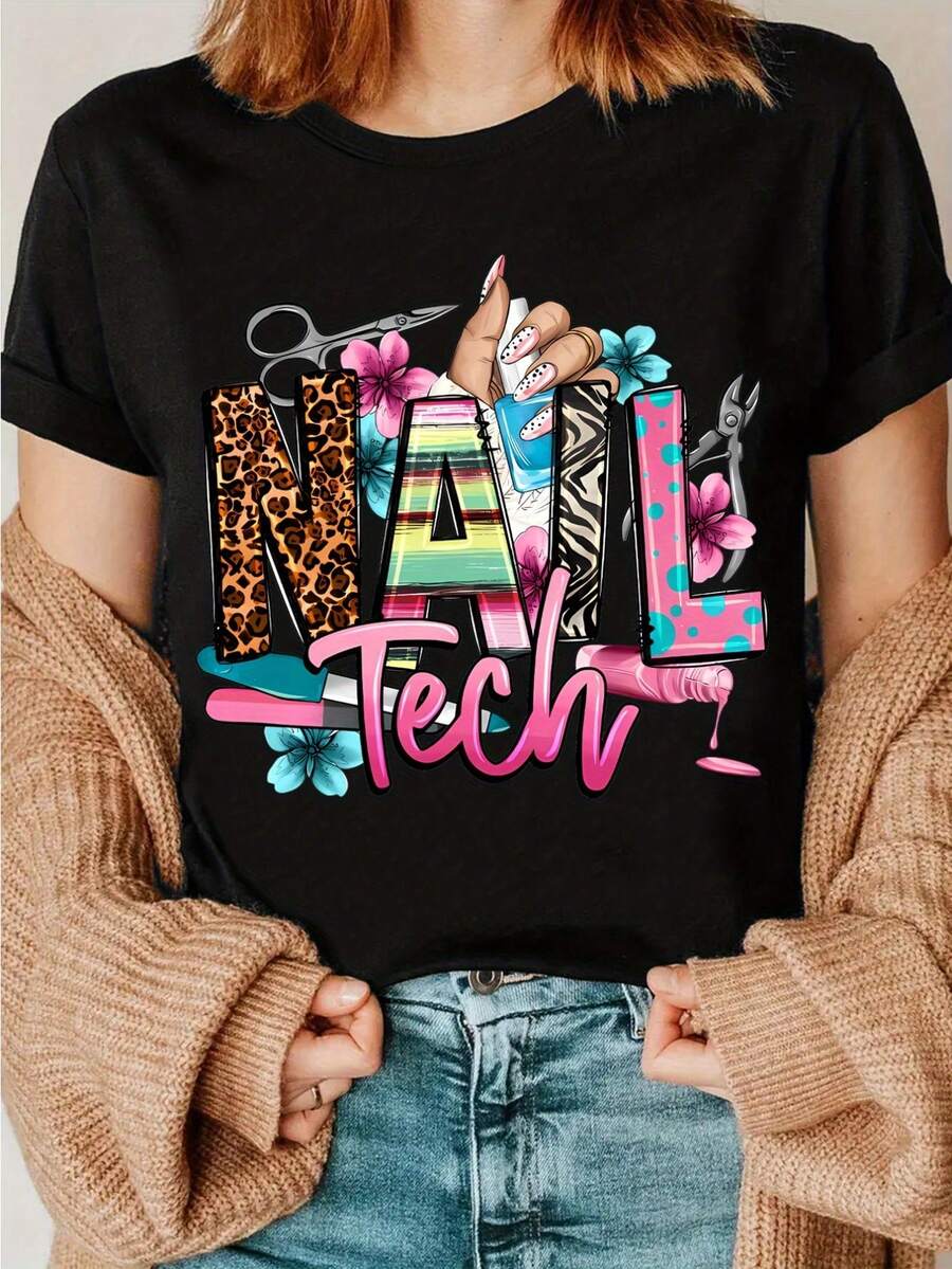 Camiseta de Artista de Uñas con Estampado de Leopardo - Ropa para Técnicos de Uñas y Amantes de la Belleza, Camiseta Casual de Verano con Cuello Redondo y Diseño de Uñas, Regalo para Artistas de Uñas (Lavable a Máquina)