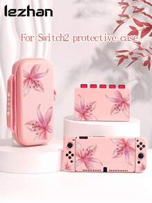 1pc Pink Eggplant Flower Pattern Protective Case/Cover, Compatible With Switch2 (2025), Switch NS, Switch OLED, Switch Lite, Accessories For Switch 2nd Gen/Switch, Full Set Including Storage Bag, Game Card Case, Best Gift For Switch Players - Multicolor - View 1