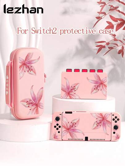 1 chiếc ốp bảo vệ/vỏ máy họa tiết hoa cà tím màu hồng, tương thích với Switch2 (2025), Switch NS, Switch OLED, Switch Lite, phụ kiện cho Switch thế hệ thứ 2/Switch, bộ đầy đủ bao gồm túi đựng, hộp đựng thẻ game, món quà tuyệt vời nhất cho người chơi Switch.