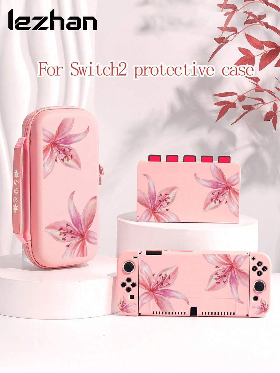 1pc Pink Eggplant Flower Pattern Protective Case/Cover, Compatible With Switch2 (2025), Switch NS, Switch OLED, Switch Lite, Accessories For Switch 2nd Gen/Switch, Full Set Including Storage Bag, Game Card Case, Best Gift For Switch Players - Multicolor - View 1