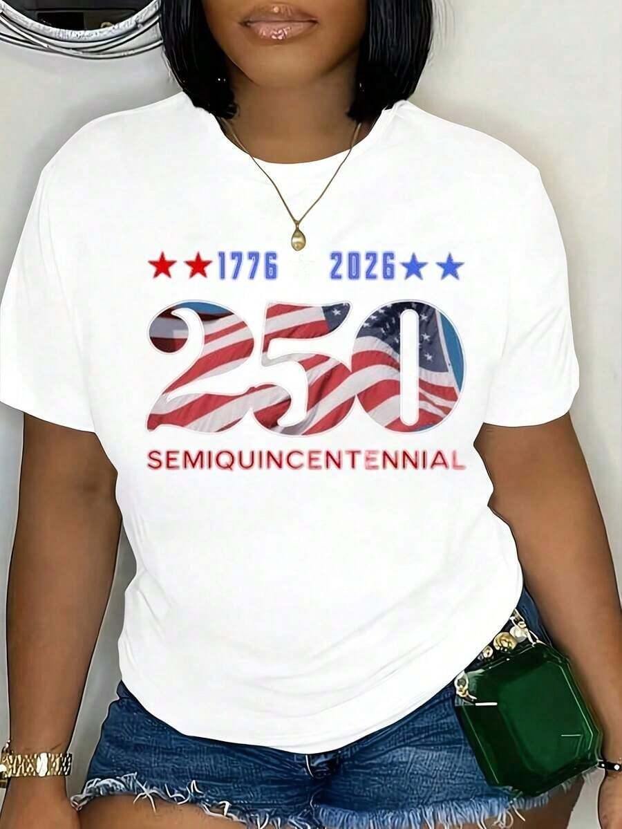 Women's Short Sleeve Crew Neck T-Shirt With American Flag Print, 250th Independence Day, 1776-2026, Semi-Quinceanniversary, For Patriotic Celebrations And National Holidays. - 白色 - 查看 1