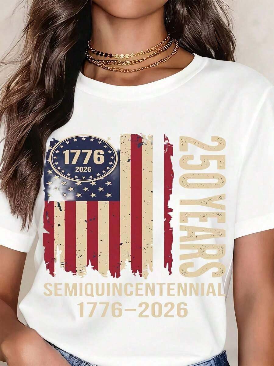 Camiseta de Mujer Blanca con Bandera Americana 1776 2026 250 Años Semiquincentenario Celebración del Día de la Independencia Ropa Patriótica para Eventos de Día Nacional de EE. UU. playeras de mujer - Blanco - Ver 1