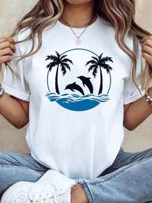 Camiseta moderna y minimalista para mujer con diseño de delfines y palmeras, decorada con patrones de siluetas, de manga corta informal, estilo vacacional fresco, ideal para viajes a la isla y uso diario. - Blanco - Ver 7