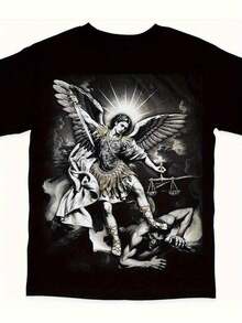 Erzengel Michael besiegt Satan-Shirt - Schwarzes religiöses Kampfkunst-Grafik-T-Shirt, lässiges Kurzarm-Rundhals-Shirt mit dramatischem Michael- & Satan-Aufdruck, lockerer Schnitt, für Kirchenveranstaltungen & Freizeitkleidung, Western-Grafik-T-Shirts, Herrenbekleidung, Camisas Para Hombre, Grafik-T-Shirts, Damenbekleidung, Sommer-Oberteile, Sommerkleidung, Grafik-T-Shirts - Schwarz - Übersicht 7