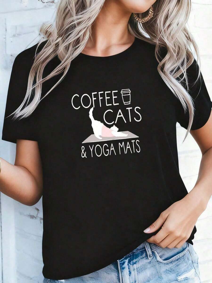 1 pieza Camiseta Unisex "Café, Gatos y Esterillas de Yoga" - Regalo Divertido para Instructores de Yoga, 180g 100% Algodón - Negro 2 - Ver 1