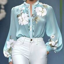 Blusa de gasa con estampado floral elegante, cuello alto y mangas farol - Albaricoque - Ver 2