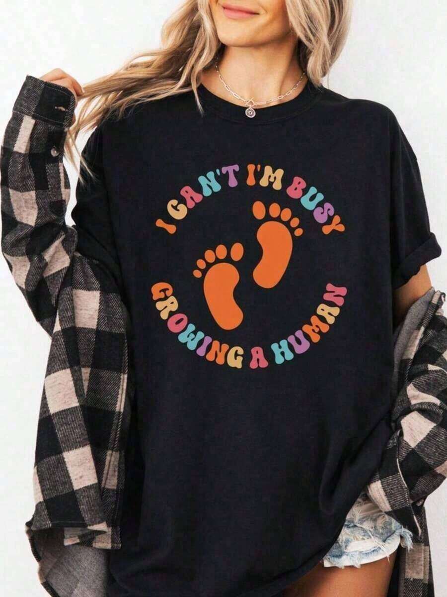 1 pieza: Camiseta "No puedo, estoy ocupada gestando un ser humano", camiseta divertida de embarazo, camiseta linda de maternidad, camiseta para futura mamá, camiseta de anuncio de bebé, camisetas gráficas de gran tamaño para mujer, camisetas suaves y cómodas para embarazo, ropa de maternidad, 180g de algodón 100%. - Negro 2 - Ver 1