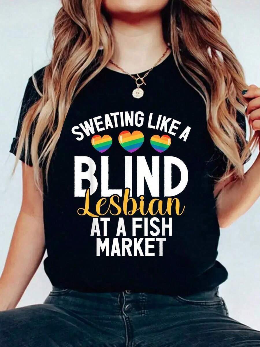 1 pieza, 100% algodón, camiseta divertida para lesbianas con la frase "Sudando como una lesbiana ciega en un mercado de pescado", camiseta de vacaciones para mujer y hombre, transpirable, de verano, cómoda, suave, con cuello redondo, 180g, 100% algodón, los diseños están impresos. Unisexo. - Negro - Ver 1