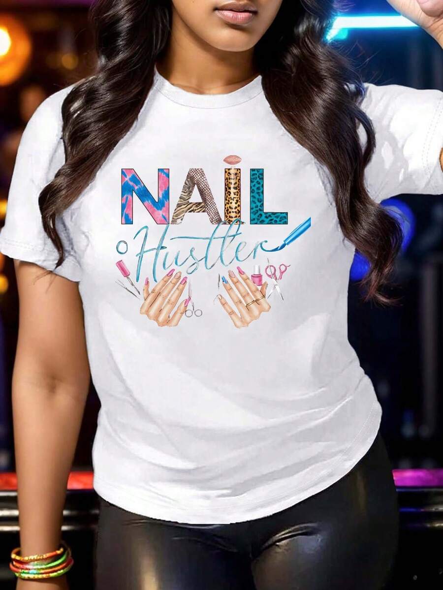 Camiseta de color sólido para mujer NAIL Hustler - Ajuste cómodo, estampado vibrante de arte de uñas, mangas cortas, cuello redondo, lavable aáquina - Camiseta verde casual adecuada para todas las estaciones - Camiseta unisex de algodón holgada de manga corta y cuello redondo estilo vintage urbano. - Blanco - Ver 1