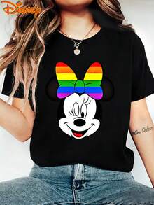 Authentic Disney Women's Summer Apparel, Rainbow-Colored Bow Minnie Mouse Pattern, New Summer Short-Sleeve T-Shirt Top, Women's Casual Fashion Printed Tee - màu đen - Xem 6