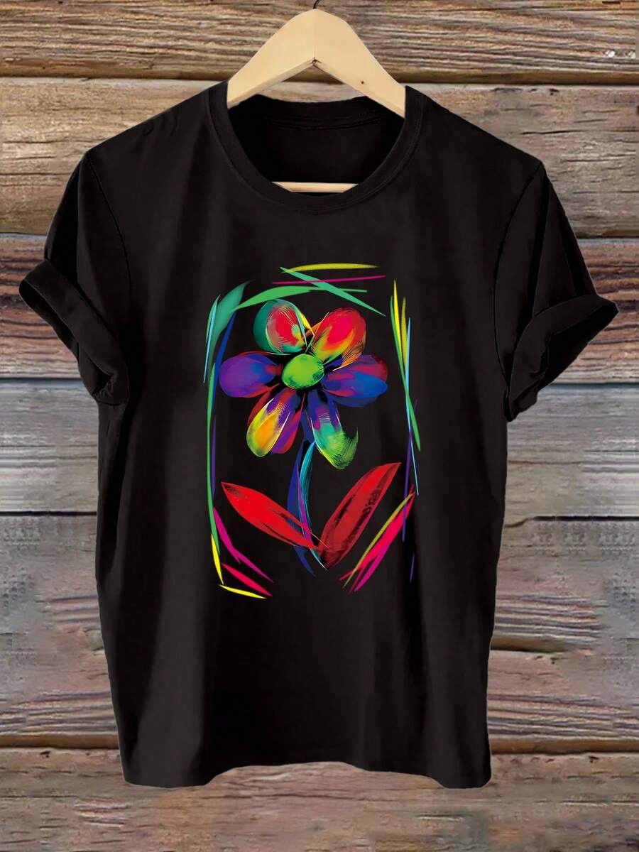 Camiseta de Mujer con Estampado Floral Vibrante, Manga Corta y Cuello Redondo para Primavera y Verano, Lavable a Máquina, Diseño Colorido de Flores en | Ropa Artística | T-Shirt