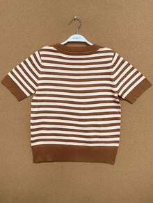 Blusa casual de punto de mangas cortas y cuello cuadrado a rayas para mujer, otoño/invierno - Café integral - Ver 2