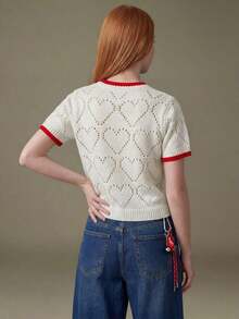 Blusa de punto holgada de cuello redondo y manga corta con diseño de corazón hueco y ribete de contraste en beige para mujer, suéter de manga corta para primavera/verano, últimas blusas de mujer, nuevas llegadas de blusas de punto para mujer - Beis - Ver 2