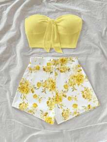 Set de 2 piezas con top bandeau de unicolor y shorts con estampado floral para mujer - Amarillo - Ver 6
