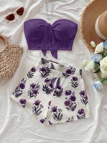 Conjunto de 2 piezas de top bandeau de unicolor y shorts con estampado tropical para vacaciones de mujer - Multicolor 6 - Ver 4