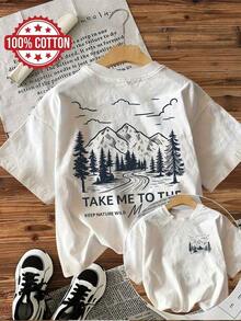 Camiseta estampada a doble cara con paisajes naturales, montañas y diseños al aire libre, con cuello redondo, hecha de algodón puro, unisex, de manga corta, con estampado gráfico, estilo casual. - Blanco - Ver 1