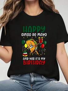 Camiseta Gráfica de Manga Corta "Feliz Cinco de Mayo y Sí, Es Mi Cumpleaños" con Diseño de Taco. Ropa de Mujer, Camiseta Gráfica, Camiseta Casual para Todas las Temporadas, Cómoda, Suave, Manga Corta, Cuello Redondo, 100% Algodón, Camisetas para Mujer, Estilo Vintage. - Negro - Ver 8