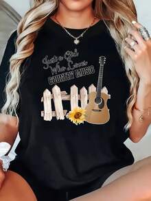 Talla - Talla - Camiseta para Amantes de laúsica Country de Talla para Mujer | Camiseta casual de manga corta con cuello redondo y estampados de guitarra, girasol y vaquero - Camiseta transpirable de primavera/verano, adecuada para fans de laúsica country - Camiseta unisex de algodón suelto de estilo vintage urbano con cuello redondo y manga corta. - Negro - Ver 1