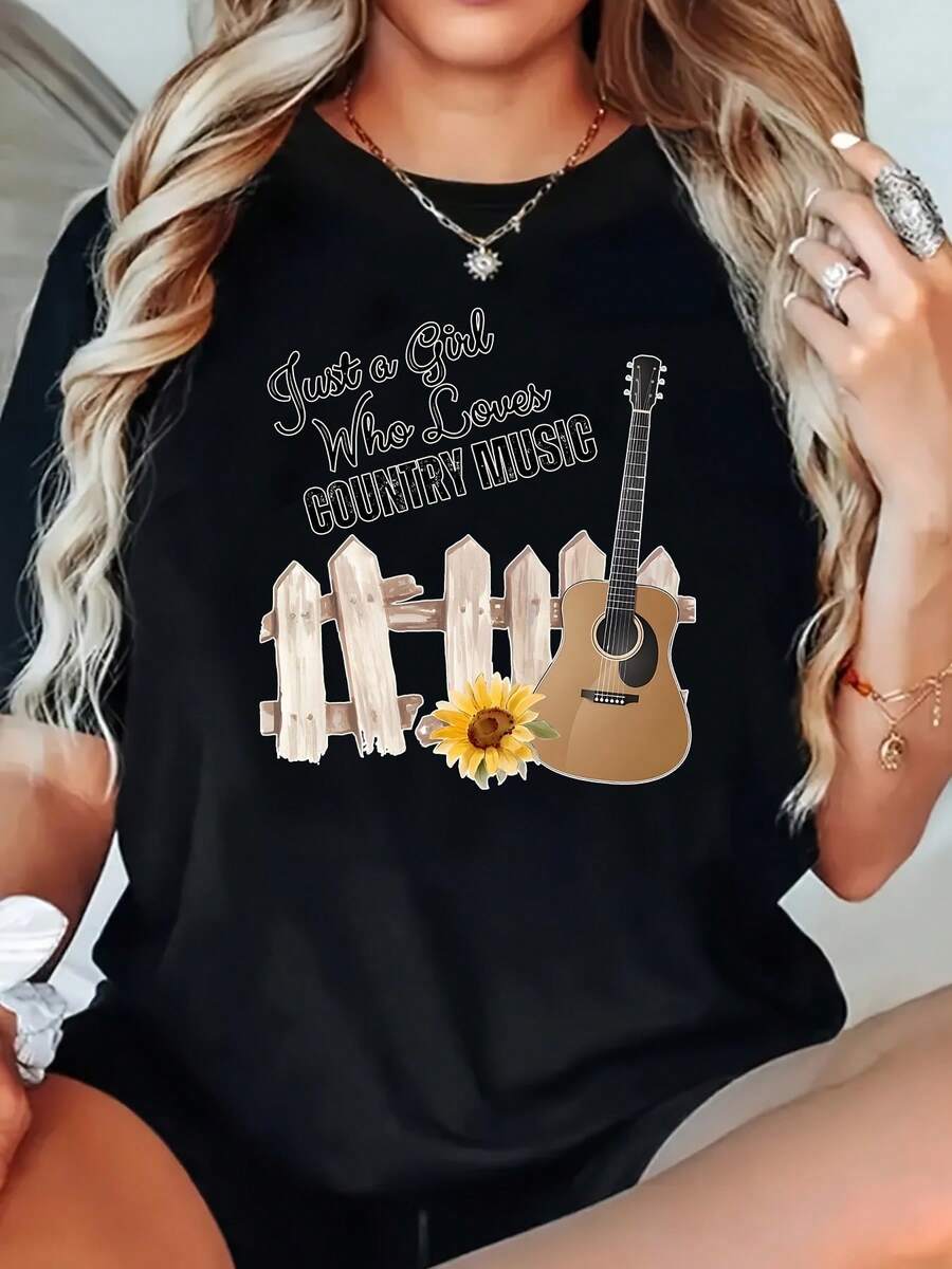 Talla - Talla - Camiseta para Amantes de laúsica Country de Talla para Mujer | Camiseta casual de manga corta con cuello redondo y estampados de guitarra, girasol y vaquero - Camiseta transpirable de primavera/verano, adecuada para fans de laúsica country - Camiseta unisex de algodón suelto de estilo vintage urbano con cuello redondo y manga corta. - Negro - Ver 1