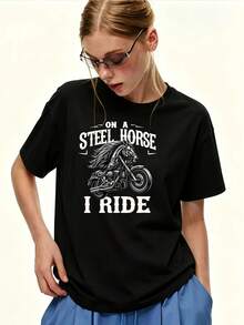 Camiseta de mujer de 180 g, de corte holgado, con estampado de montar a caballo de acero, de manga corta, estilo casual, holgada, top de verano, perfecta para reuniones familiares, regalos corporativos para-building, moda de  2024 - Camiseta unisex de algodón holgada de manga corta y cuello redondo estilo vintage urbano. - Negro - Ver 7