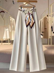 Pantalones rectos de color blanco sólido y albaricoque con elástico en la cintura trasera, con bufanda, para uso diario, elegante, para invierno, otoño, otoño, Navidad, Año Nuevo, fiesta de Acción de Gracias - Albaricoque - Ver 6