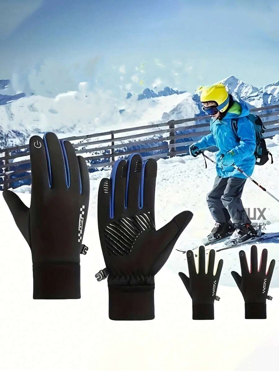 [運動手套]1雙兒童冬季雪地手套－保暖內裡、加厚設計、中性款、五指設計、羅紋袖口與鏤空把手，適合滑雪、騎單車與戶外玩耍（混色），兒童冬季手套，時尚兒童裝備，兒童運動手套