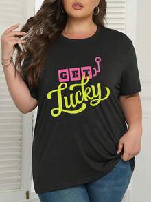 Camiseta de talla para mujer con estampado GET LUY - diseño multicolor brillante sobre negro, top casual de manga corta y cuello redondo, ligera y lavable aáquina, adecuada para primavera y verano, ropa casual para primavera. | Estilo casual a |   Camiseta de talla con textura - Estilo urbano vintage, unisex, de algodón, manga corta, cuello redondo. - Negro - Ver 3