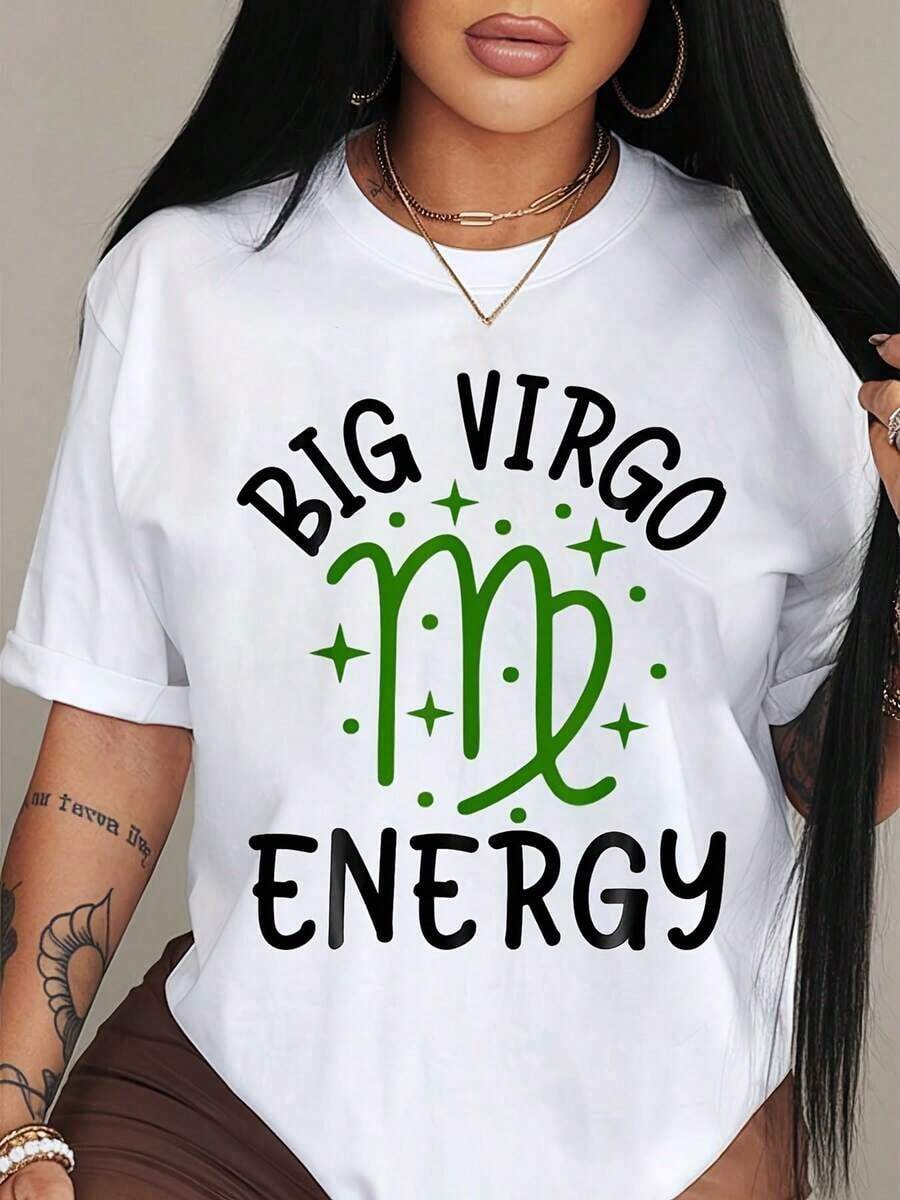 100% Pure Cotton, Women's T-Shirt, Women's Graphic T-Shirt - Virgo Energy Green Stars Logo, Casual Crew Neck T-Shirt, Ideal For Parties And Gifts, Suitable For All Seasons, Women's Tops - 白色 - 查看 1