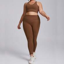 Set deportivo para mujer de talla grande, conjunto ajustado de 2 piezas con bolsillo, tela elástica efecto segunda piel para yoga y entrenamiento - Pantalones color moca - Ver 9
