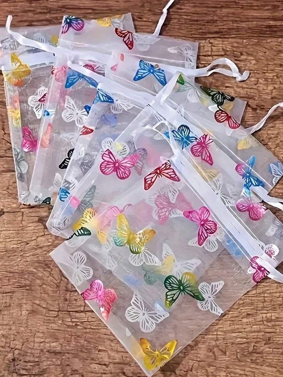 10个彩色蝴蝶网眼抽绳袋，蝴蝶图案设计，适用于婚礼回礼包装、生日派对礼物收纳、节日礼物收纳、珠宝收纳、派对活动纪念品包装及其他活动礼品包装 - 均碼 - 查看 1