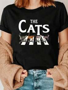 Camiseta divertida gatos cruzando animales gráficos moderna casual unisex perfecta para amantes de los gatos en negro talla M/L estilo urbano camiseta popular - Negro - Ver 1