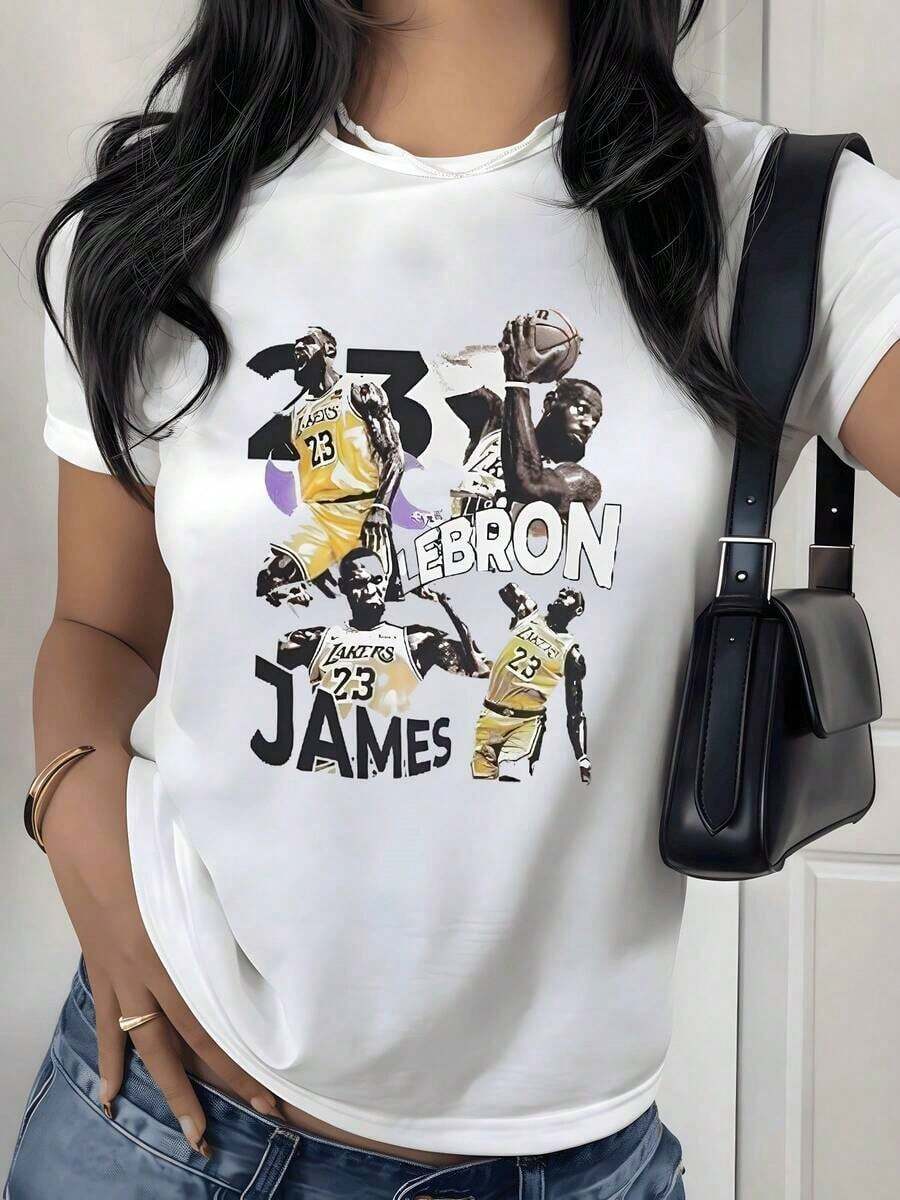 Camiseta con Estampado Gráfico de Jugador de Baloncesto, 180g, 1 Pieza, Temática Deportiva, Casual para Mujer, 100% Algodón, Estilo Streetwear - Blanco - Ver 1