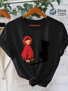 Una camiseta de manga corta para mujer, moderna, a la moda, retro, casual y holgada, adecuada para actividades al aire libre en primavera y verano, con un estampado de la Sita Roja y la silueta del lobo.Top de manga corta de estilo sencillo y creativo para primavera/verano 2026.Una camiseta holgada y estilizadora para uso diario y personalizado.Ropa de mujer con un tema abstracto de cuento de hadas, diseño moderno y versátil.blusas para mujer,blusas casuales para dama,tops,, mujer premium,y2k,playeras de mujer curvy,ofertas y liquidaciones ropa mujer,playeras deportivas para mujer,,playeras de hombre, mujer,blusas>elegante NQKN - Negro - Ver 8