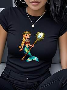 Camiseta de mujer con diseños de elfo marino, bastón, corona y sirena. Ropa de mujer de manga corta y cuello redondo. Diseño único que resalta la elegancia. Adecuada para uso diario casual, fiestas y vacaciones en la playa. Resalta la individualidad. Perfecta como regalo de cumpleaños, regalo de vacaciones o regalo de aniversario para chicas amantes de los estilos de fantasía. Moderna y versátil, realza tu encanto único. - Negro - Ver 1