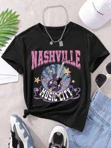 Camiseta genial de manga corta impresa con guitarra y letra de fiesta de rock punk del festival de música para niña preadolescente100% Cotton - Negro - Ver 1