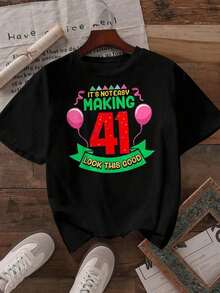 Camiseta de Mujer Casual de Corte Holgado, Opciones en Blanco y Negro, Estampado de 41º Cumpleaños, "No es Fácil Hacer Que el 41 Se Vea Así de Bien", Camiseta Gráfica Divertida, Camisetas para Fiesta, Tops de Verano, Camisetas Gráficas, Conjuntos de Verano para Mujer, Camisetas Cortas para Mujer, Camisetas Vintage de Algodón, Ropa Linda para Mujer, Playera Holgada para Mujer - Negro - Ver 2