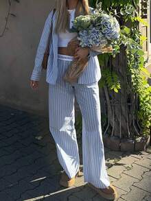Vellofy Women's Bohemian Style Striped 2 Pieces Set, Long Sleeve Lapel Loose Top With Drawstring Casual Pants - Blue - View 9