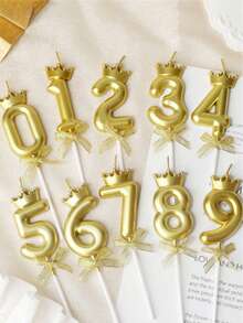 3D皇冠蝴蝶結0-9數字蠟燭，生日蛋糕蠟燭，生日派對裝飾插蠟燭 - 金色 - 查看 1