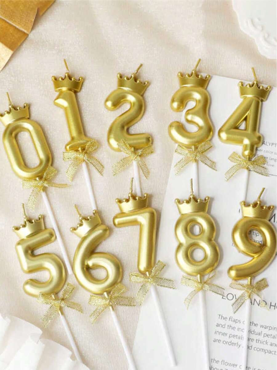 3D皇冠蝴蝶結0-9數字蠟燭，生日蛋糕蠟燭，生日派對裝飾插蠟燭 - 金色 - 查看 1