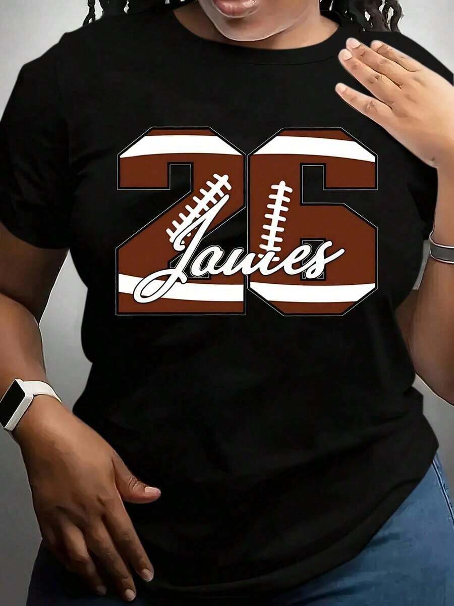100% algodón, camiseta de mujer, con el número 26 de fútbol y el diseño de texto de James estampado, ideal para aficionados al deporte y para uso diario. - Negro - Ver 1