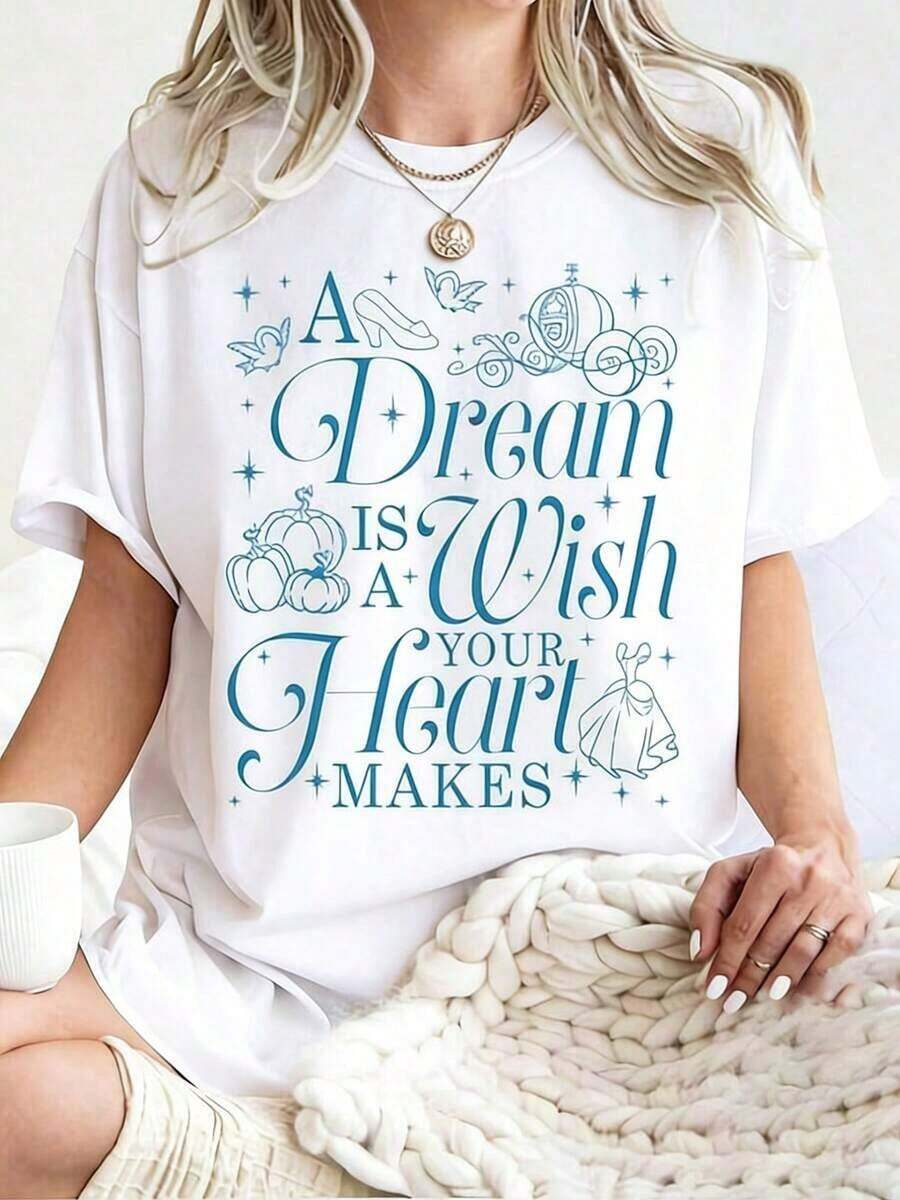 1 pieza: Camiseta "Un sueño es lo que tu corazón te regala", Camiseta de princesa, Camiseta Magil, Camiseta de princesa, Camiseta de algodón. Camiseta corta de manga corta con cuello redondo para chicas y mujeres, estilo Y2K estético y lindo, ideal para el verano, adecuada para actividades al aire libre, familia, trabajo o uso diario en la calle, camiseta suelta informal. Ropa de mujer a la moda, 180g de algodón 100%. - Blanco - Ver 1