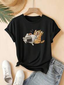 Camiseta de manga corta para mujer, corte regular - Diseño divertido con gato de dibujo geométrico 2D que se derrumba sobre la tecla, estampado casual de manga corta y cuello redondo, versátil para todas las estaciones, disponible enúltiples colores y tallas, moda de vacaciones, estética retro, material transpirableDaily Casual Round Neck Short Sleeve-Shirt Women - Negro - Ver 7