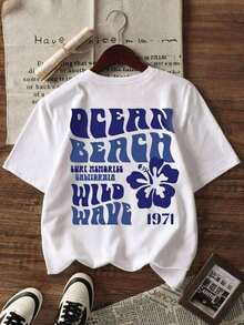 Camiseta de Mujer con Estilo Surf, Diseño de Hibisco y Ondas "Ocean Beach", Transpirable y Cómoda, Manga Corta, Cuello Redondo de Algodón Suave, Ideal para Salidas Casuales y Looks de Moda de Verano - Blanco - Ver 2
