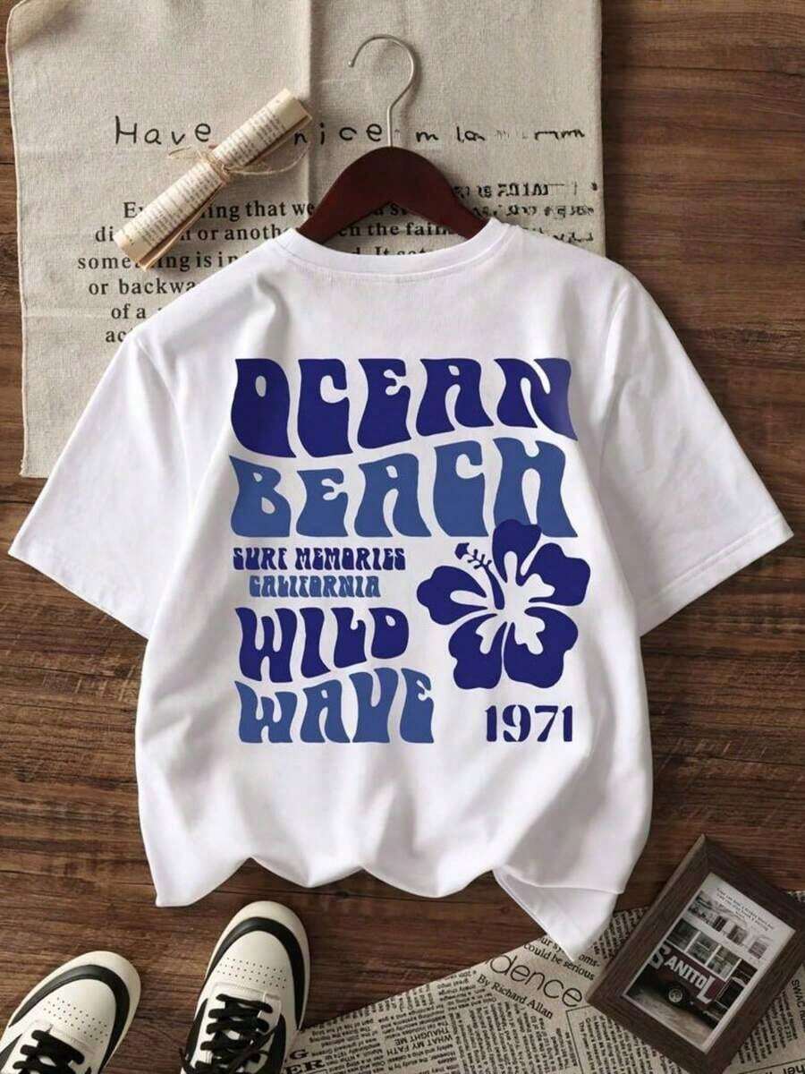 Camiseta de Mujer con Estilo Surf, Diseño de Hibisco y Ondas "Ocean Beach", Transpirable y Cómoda, Manga Corta, Cuello Redondo de Algodón Suave, Ideal para Salidas Casuales y Looks de Moda de Verano