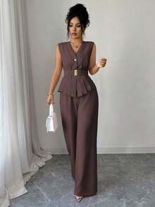 Conjunto de dos piezas de pantalones acampanados con cintura elástica y cinturón, cuello en V, frente abierto, plisado y bajo asimétrico, de tela similar al lino, para mujer, para primavera/verano, elegante, casual, para ir al trabajo, vacaciones, tarde de té - Marrón - Ver 6
