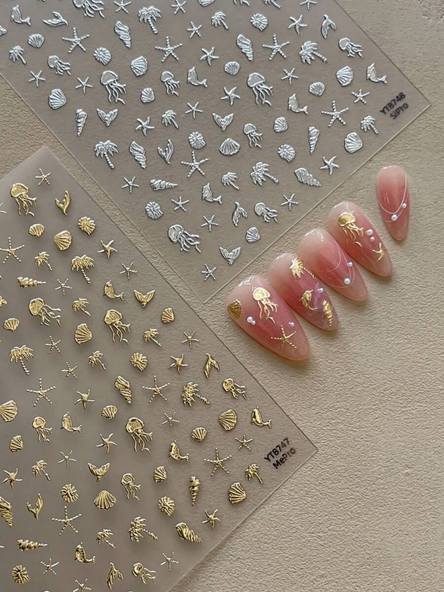 1 Tờ Hình Dán Móng Tay Phong Cách Biển Bạc Mộng Mơ, Hình Dập Nổi 3D Sứa & Vỏ Sò, Hình Dán Móng Tay Trang Trí Hàng Ngày Thanh Lịch - Bạc - Xem 1